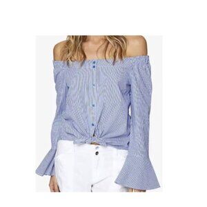 Sanctuary Blue and White Bell Sleeve Off-Shoulder Blouse